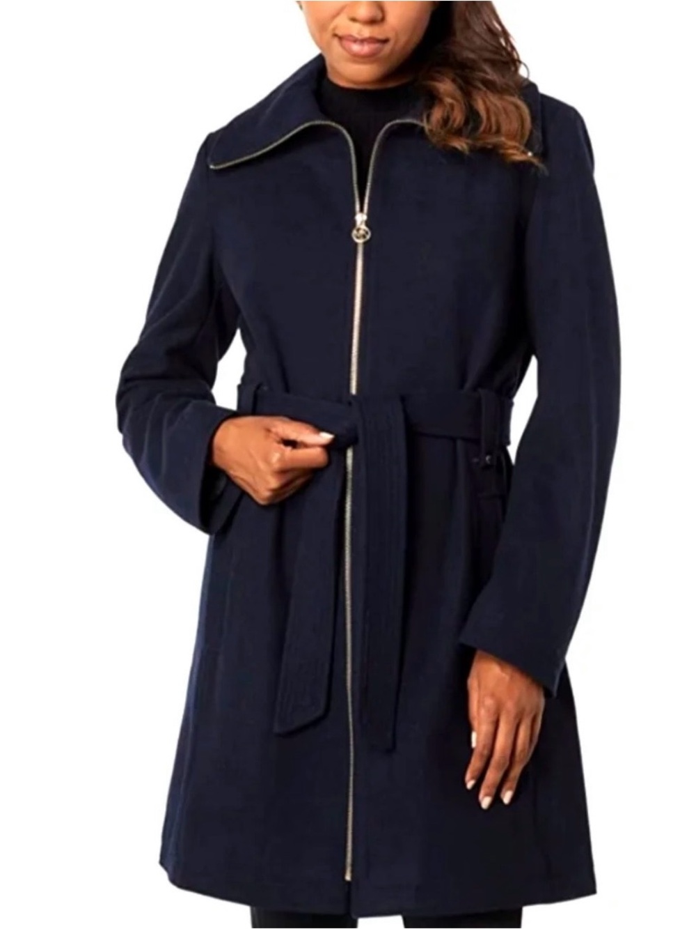 Michael Kors Wool Blend Belted Coat in Dark Navy